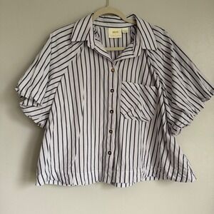 Maeve Anthropologie M Striped Puff Sleeve Cotton Button Down Shirt Blue White